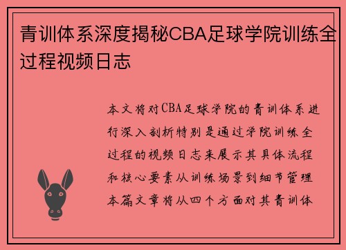 青训体系深度揭秘CBA足球学院训练全过程视频日志