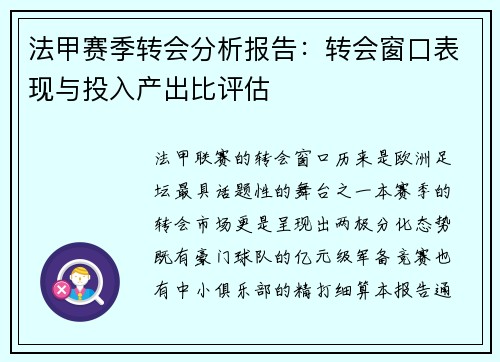 法甲赛季转会分析报告：转会窗口表现与投入产出比评估